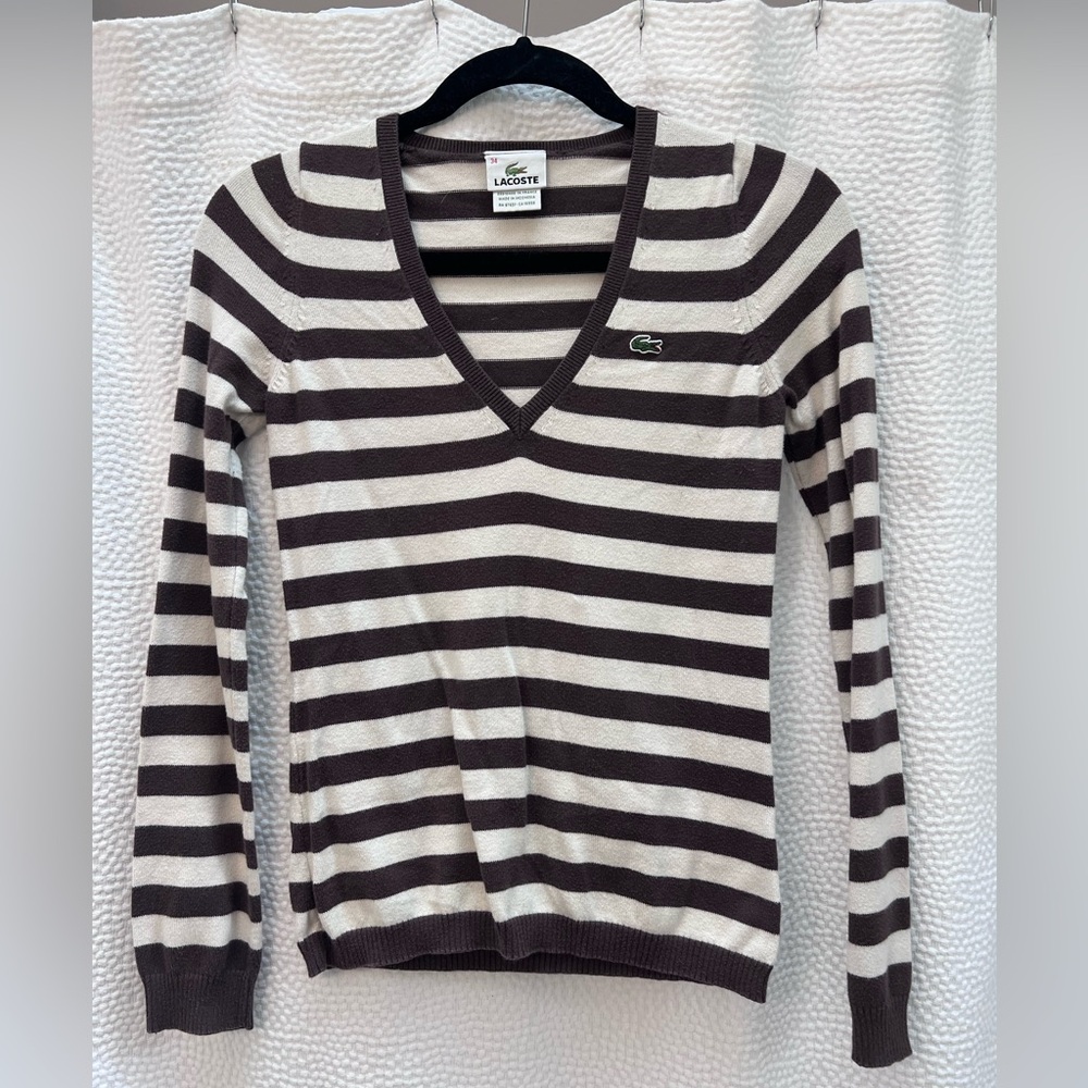 WOMENS LACOSTE BROWN AND WHITE STRIPE SWEATER SMALL 34 VNECK